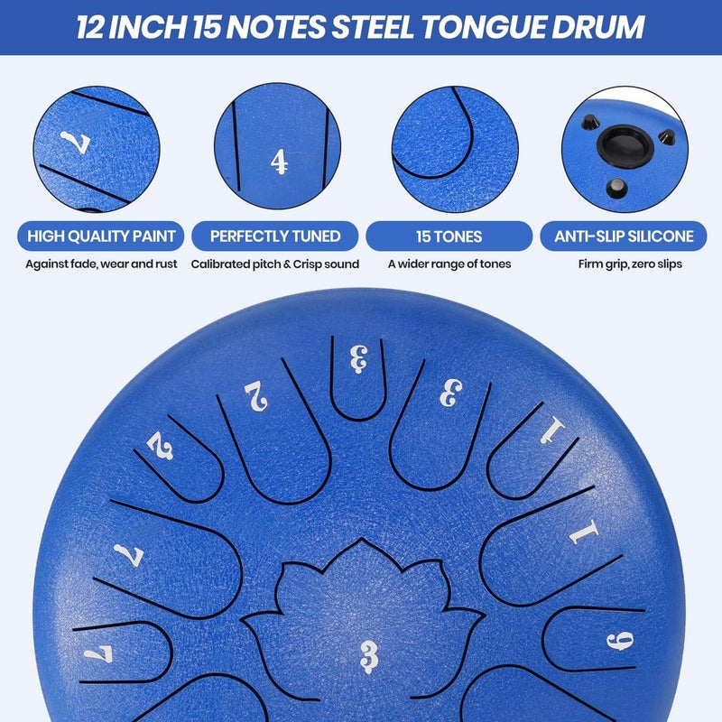 Weipoken rain drums for outside Garden 12 Inch 15 Note Steel Tongue Drum Hand Pan Drum with Music Book tongue drums Gift Handpan Drum Mallet, and Carry Bag(Blue, 12 Inch) - Image 4